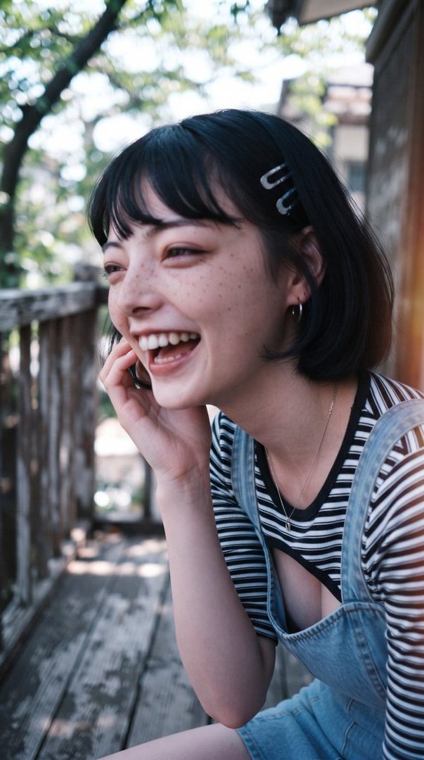 A young woman with short black hair and freckles laughs joyfully outdoors, wearing a striped shirt and denim overalls.