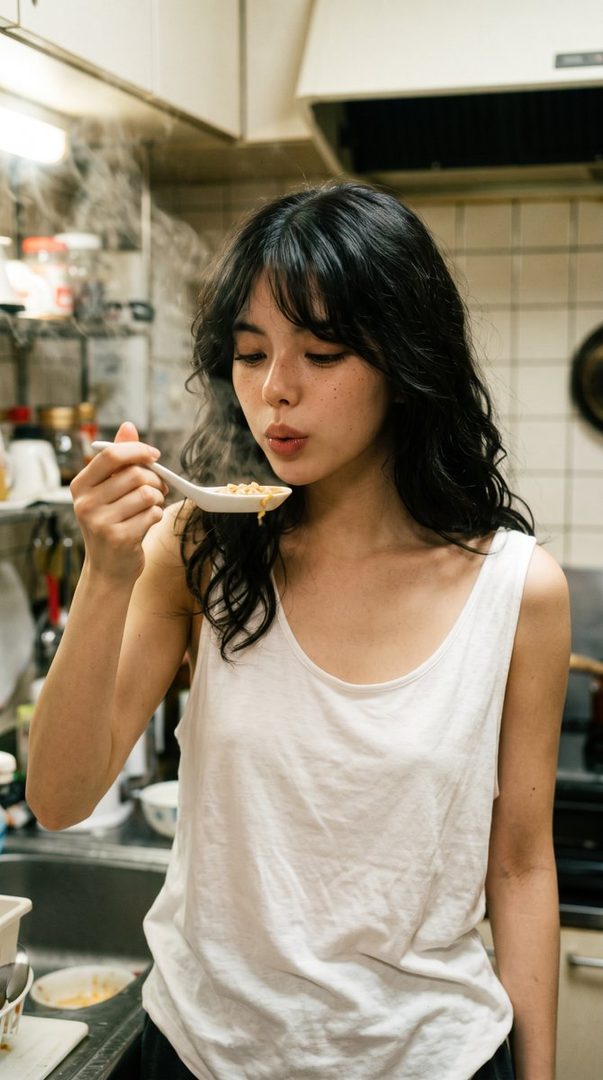 A young woman with dark hair and bangs, wearing a white tank top, is in a kitchen blowing on a spoonful of food, with steam rising from it.