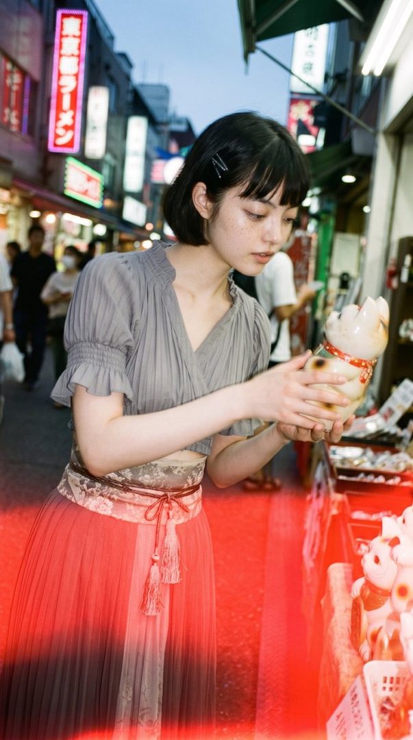 A young woman with short black hair and a grey top holds a Maneki-neko figurine on a bustling street at night.