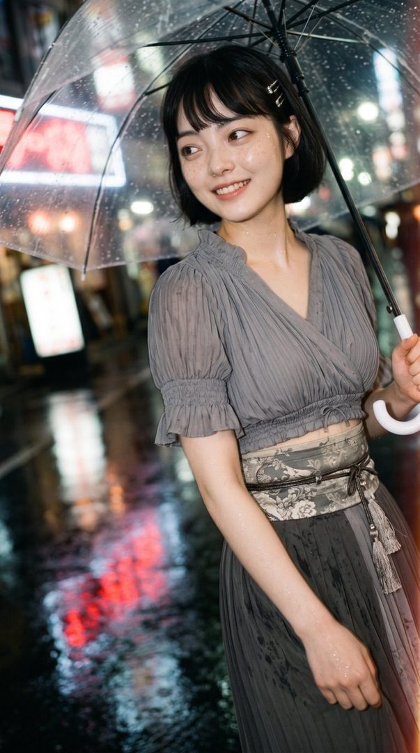 A young woman with short black hair and bangs smiles while holding a clear umbrella on a rainy city street at night.