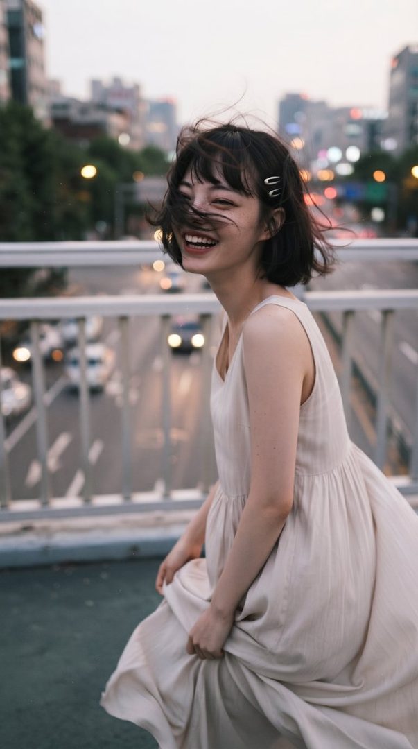 A young woman with short brown hair and a light-colored dress laughs joyfully on a city bridge during the daytime.