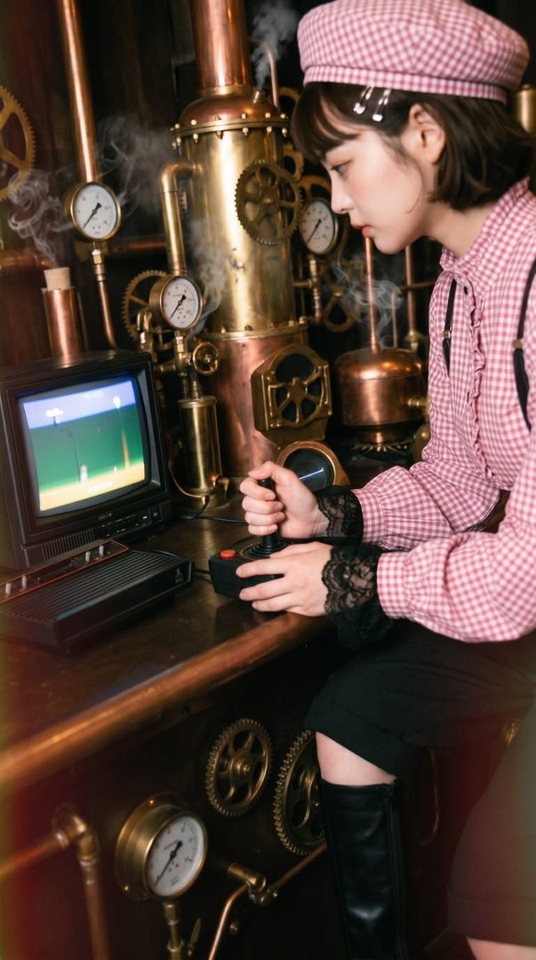 A young woman in a pink checkered beret and blouse plays a retro video game on an old TV in a steampunk-themed room.