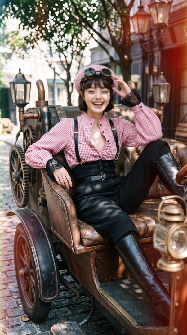 A young woman with short brown hair and a pink checkered blouse with suspenders and black pants, wearing a beret and goggles, sits in a vintage car on a cobblestone street.