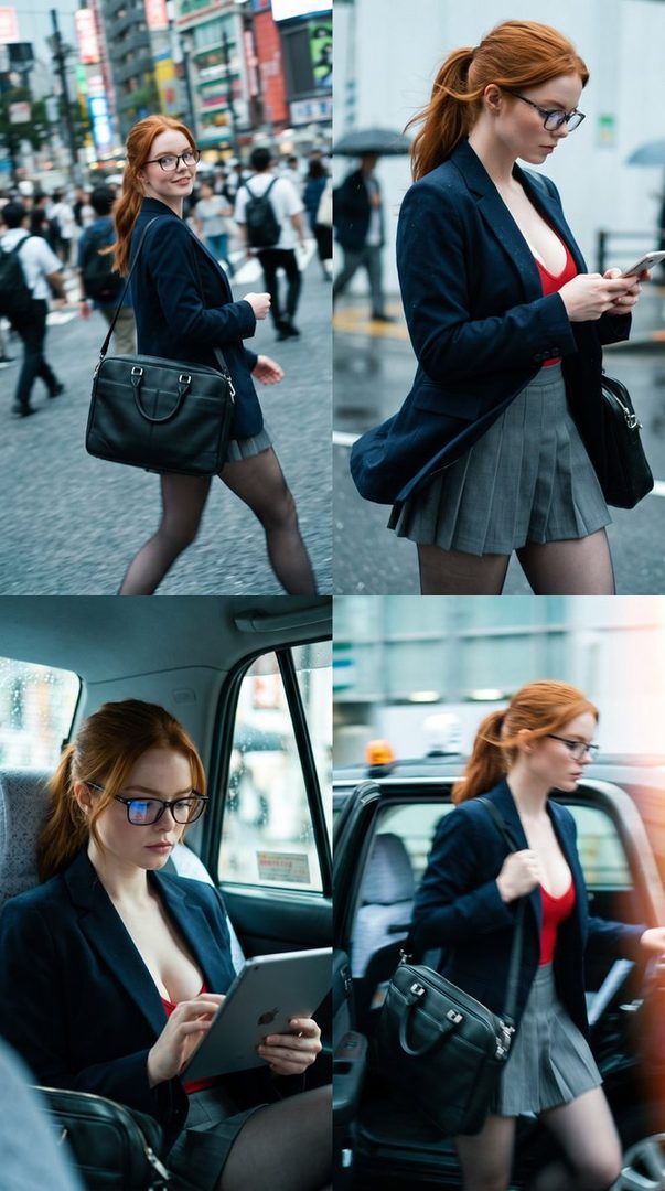 A red-haired woman in a blazer and pleated skirt is shown in a four-panel image, walking on a city street and using a tablet in a car.