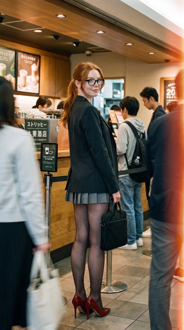 A red-haired woman in a black blazer, grey pleated skirt, and red high heels stands in a cafe, looking back at the camera.