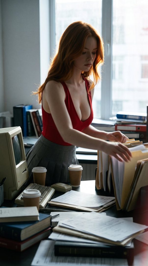 A red-haired woman in a red top and grey skirt is organizing files at a messy office desk with an old computer and coffee cups.
