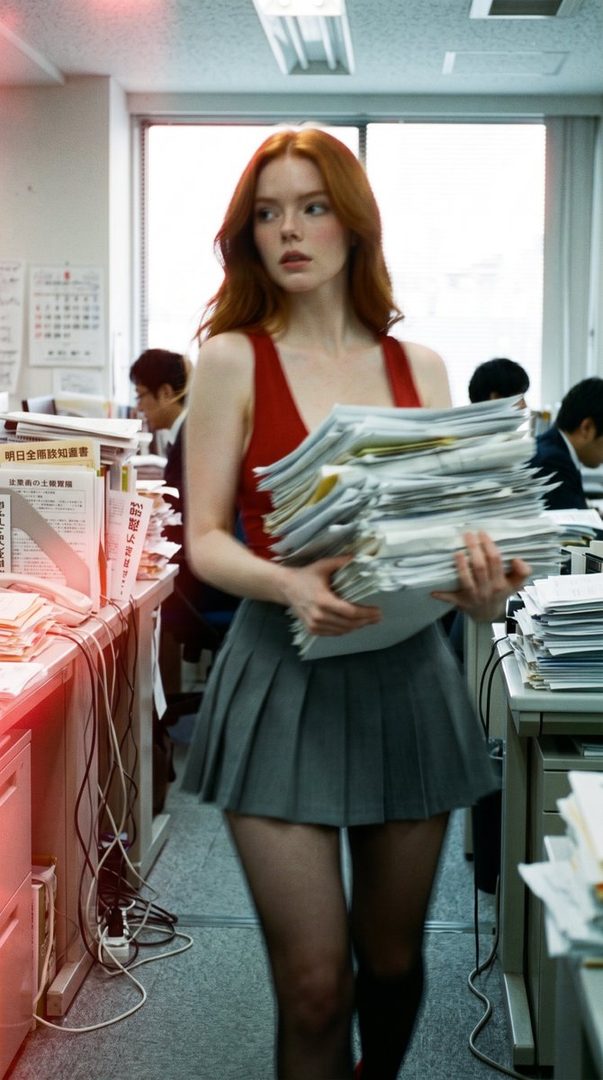A red-haired woman in a red top and grey pleated skirt carries a stack of papers through a busy office.