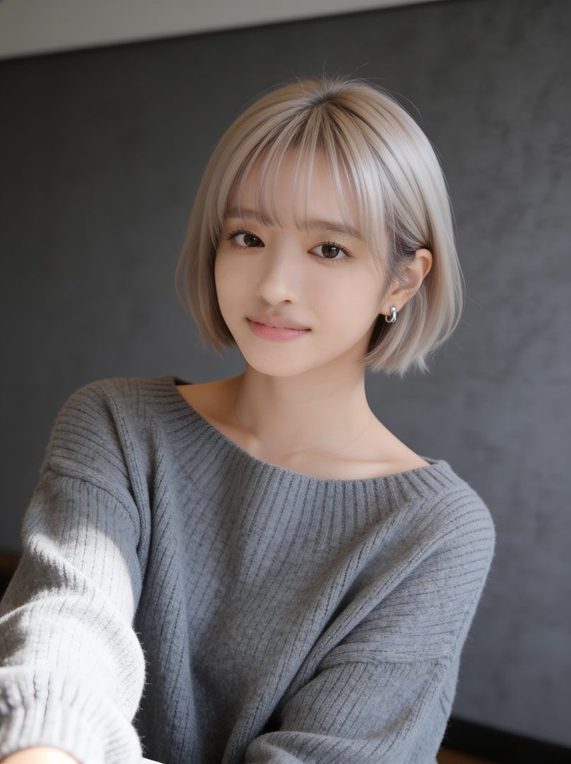 A photorealistic portrait of a young woman with short blonde hair and bangs, wearing a grey sweater, looking directly at the camera with a gentle smile.