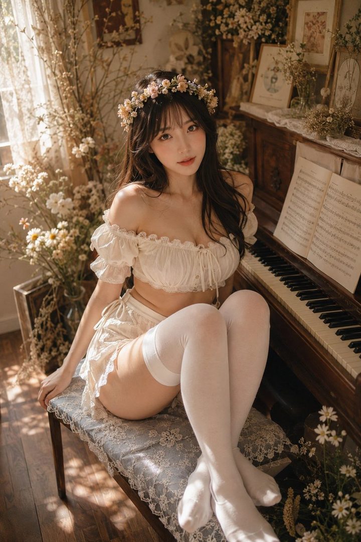 A woman with long dark hair and a floral crown sits on a piano bench in a room filled with flowers, wearing a white off-shoulder top and thigh-high stockings.