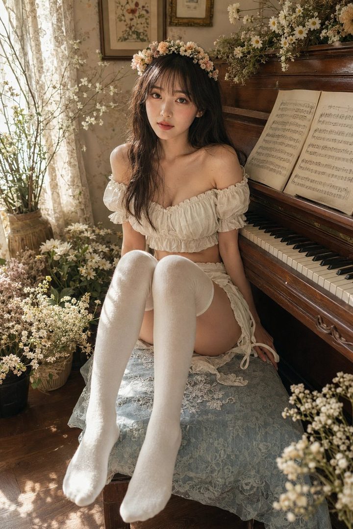 A young woman with a floral crown sits by a piano in a sunlit room, wearing a white off-shoulder top and thigh-high stockings.
