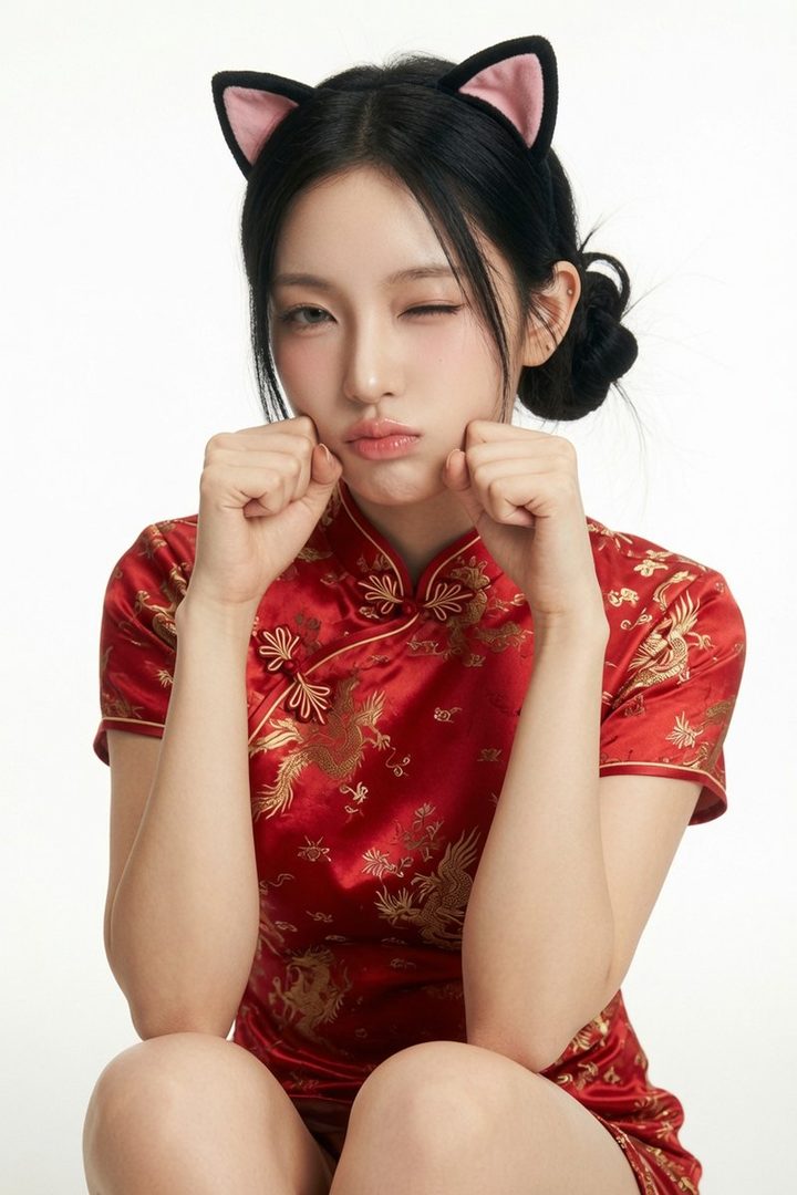 A young woman with black hair and cat ears, wearing a red traditional Chinese dress, winks at the camera.