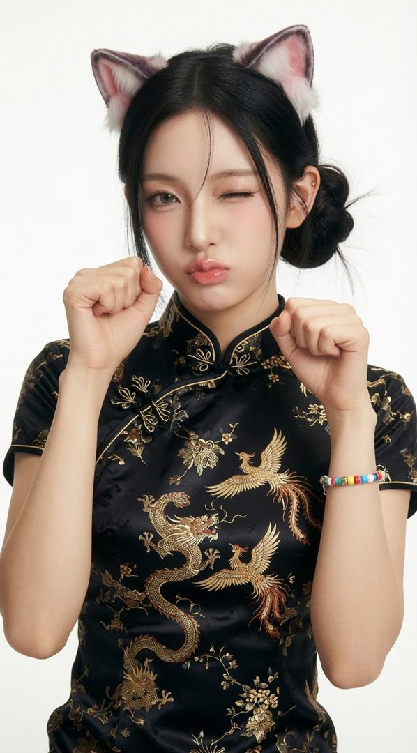 A young woman with black hair and cat ears headband, wearing a black cheongsam with gold dragon and phoenix embroidery, winks at the camera.