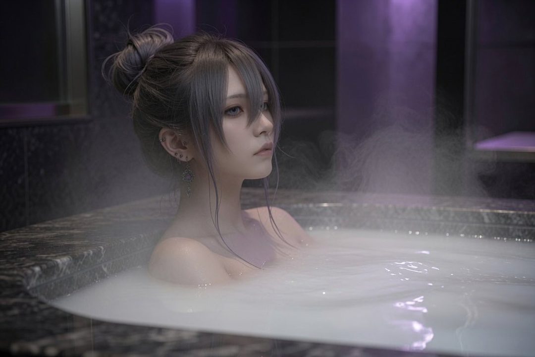 A woman with silver hair in a bun is seen from the chest up, bathing in a steamy tub with purple lighting.