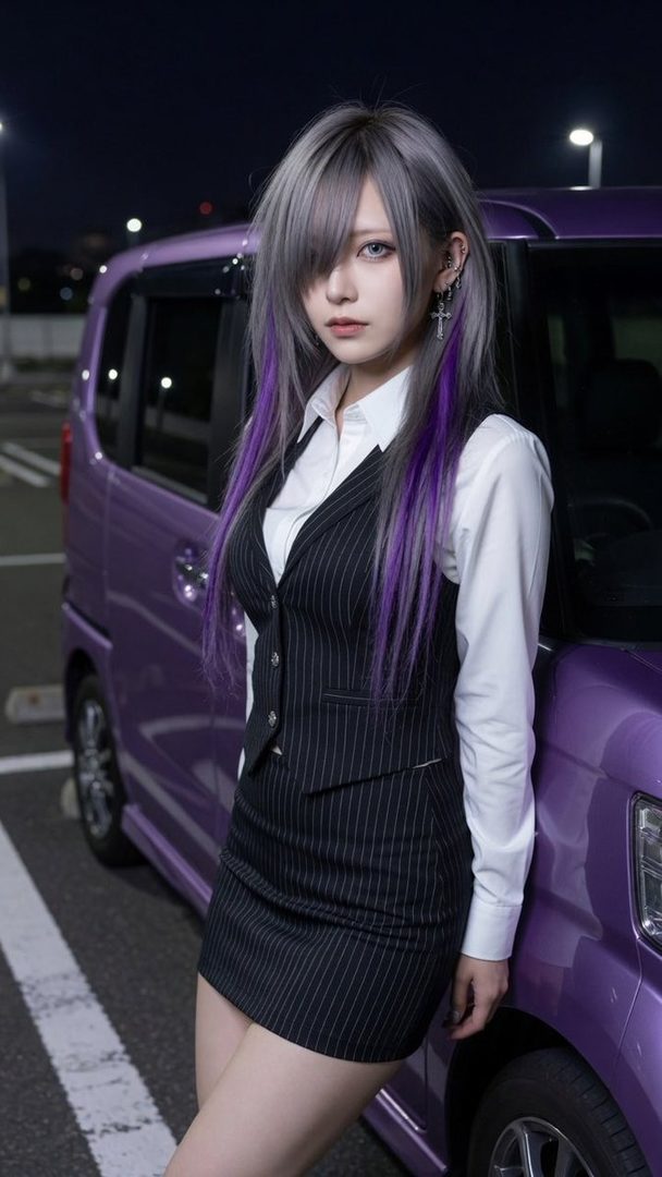 A woman with long silver and purple hair, wearing a pinstripe vest and skirt with a white shirt, poses next to a purple car at night.