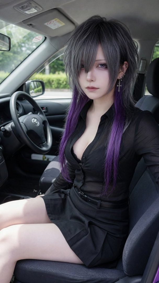 A woman with silver and purple hair, wearing a black sheer blouse and skirt, sits in a car.