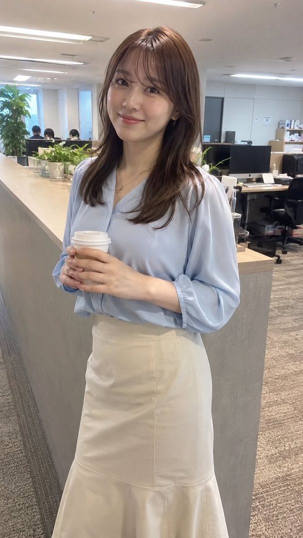A photorealistic AI-generated image of a young Japanese woman with long brown hair, wearing a light blue blouse and a cream-colored skirt, holding a coffee cup in an office setting.