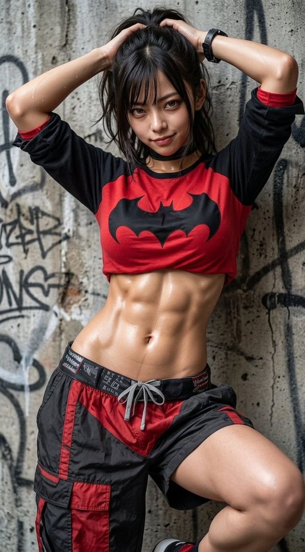 A fit woman with black hair in a ponytail, wearing a red and black Batman crop top and athletic shorts, posing against a graffiti-covered wall.