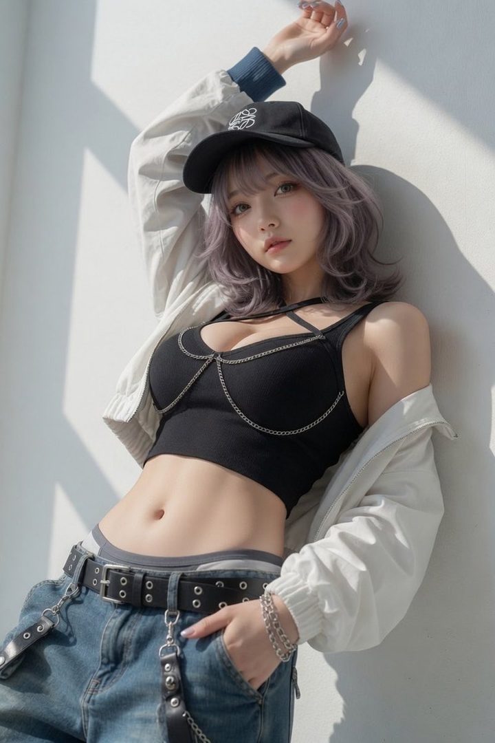 A young woman with silver hair and a black cap poses indoors, wearing a black crop top with chains, jeans, and a light jacket.