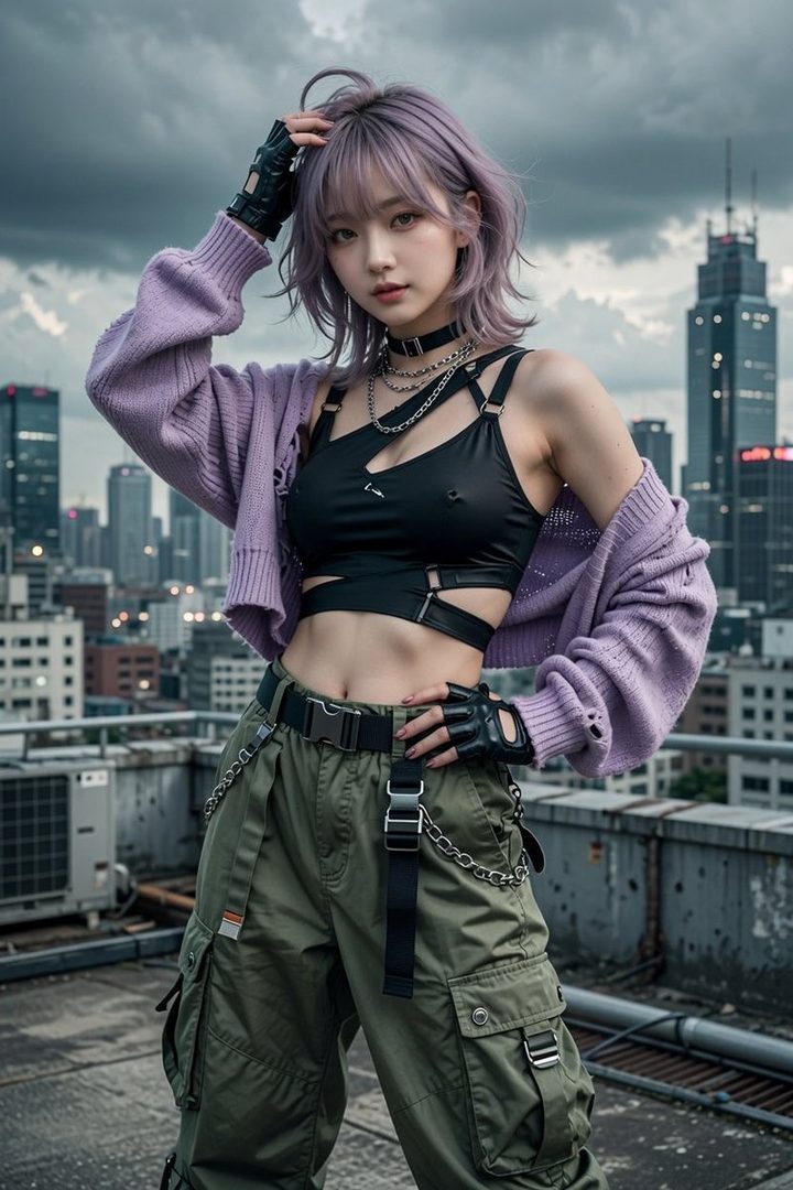 A young woman with short silver hair and a purple cardigan stands on a city rooftop, wearing a black crop top and cargo pants.