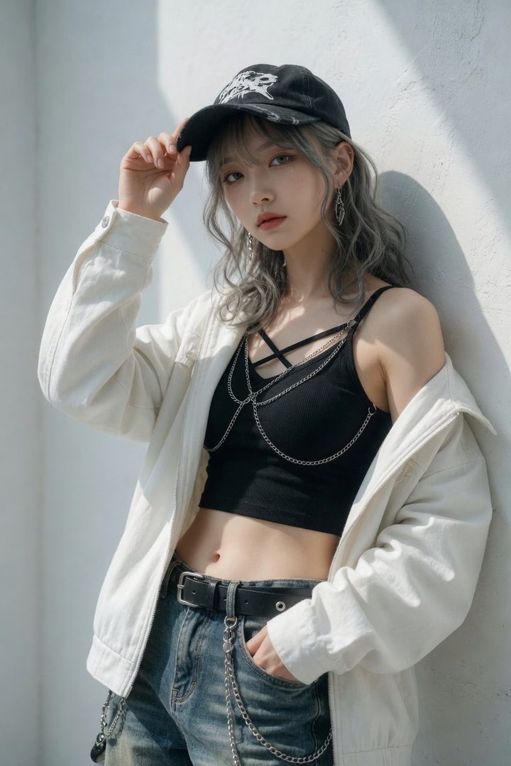 A young woman with silver curly hair and a black cap poses outdoors, wearing a black crop top with chains, a white jacket, and jeans.