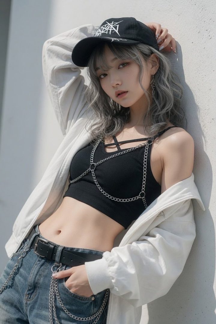A young woman with silver curly hair and a black cap poses outdoors, wearing a black crop top with chains, a white jacket, and jeans.