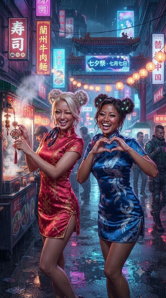 Two women in traditional Chinese dresses pose happily on a rainy street at night, surrounded by neon signs.