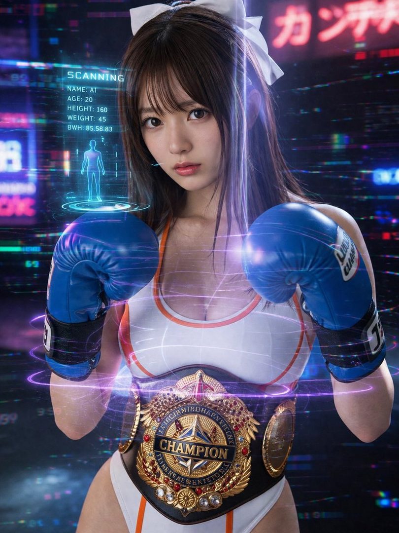 A photorealistic AI-generated image of a young woman with long brown hair, wearing a white and orange sports top, blue boxing gloves, and a championship belt, with a futuristic interface overlay showing her stats.
