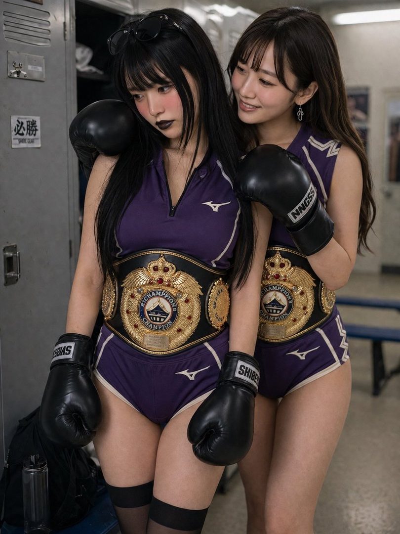 Two women in purple boxing outfits and championship belts pose in a locker room, one with black lipstick and sunglasses on her head, the other smiling.