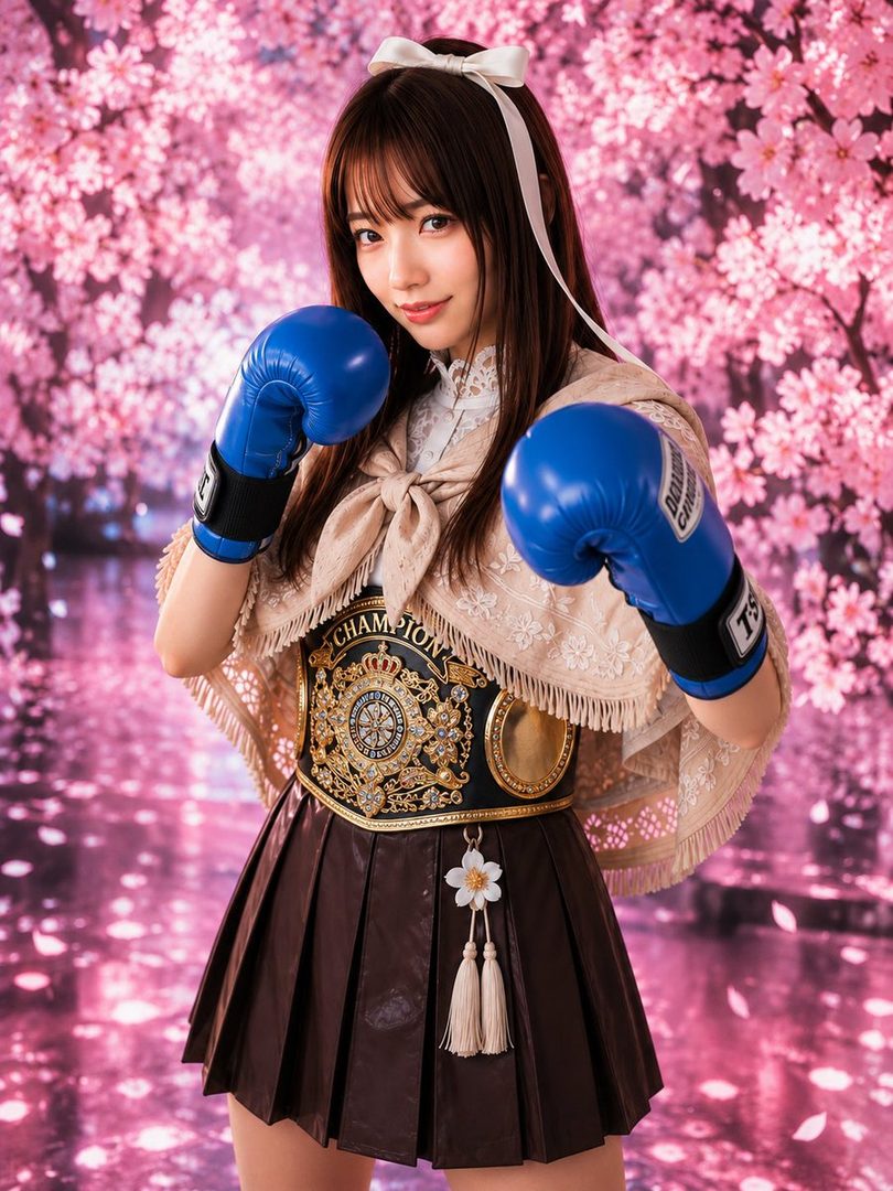 A young woman with long brown hair and bangs, wearing a brown pleated skirt, a beige poncho, and blue boxing gloves, poses in front of a pink cherry blossom background.