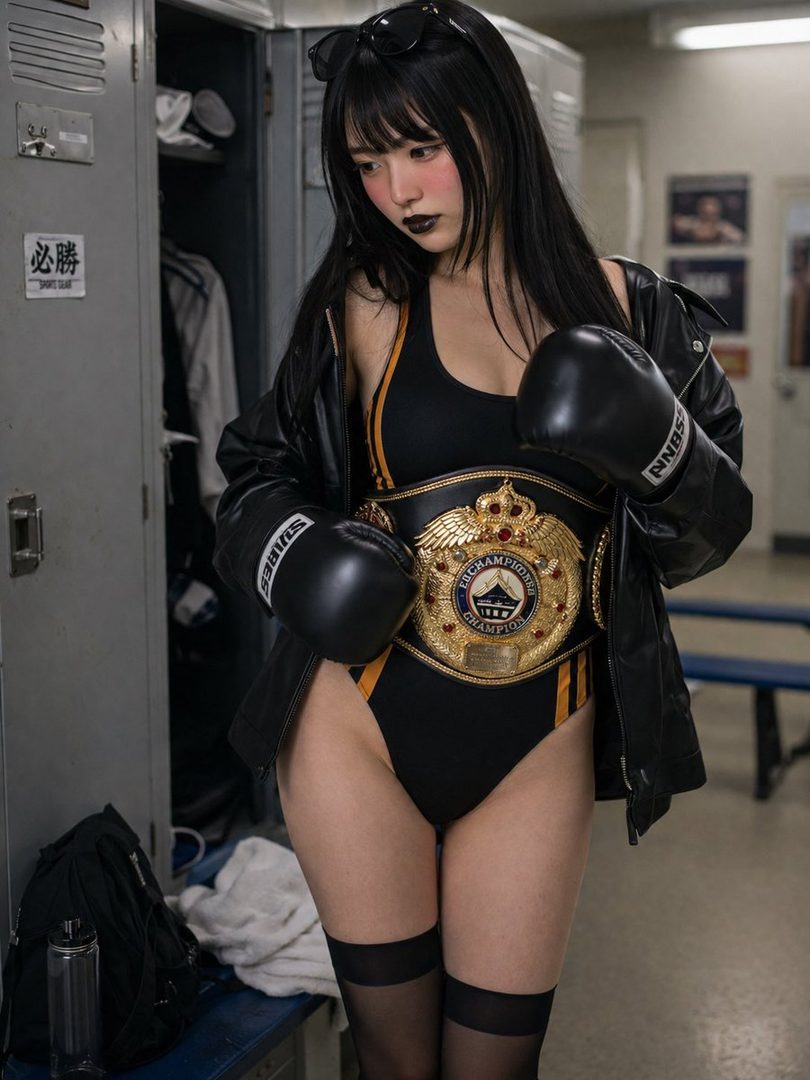 A woman with long black hair and bangs, wearing a black swimsuit, boxing gloves, a championship belt, and a black leather jacket, stands in a locker room.