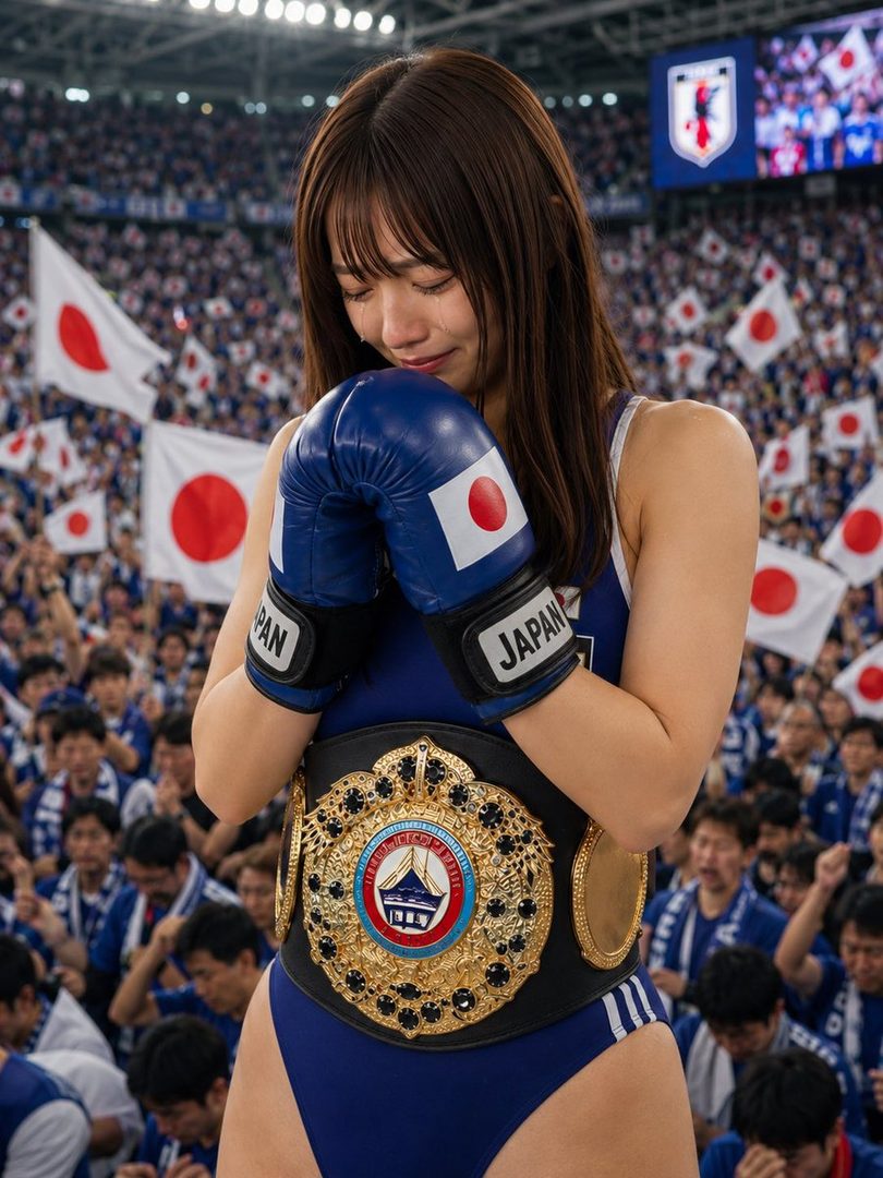 A Japanese woman boxer in a blue leotard and boxing gloves, wearing a championship belt, cries in a stadium filled with cheering fans waving Japanese flags.