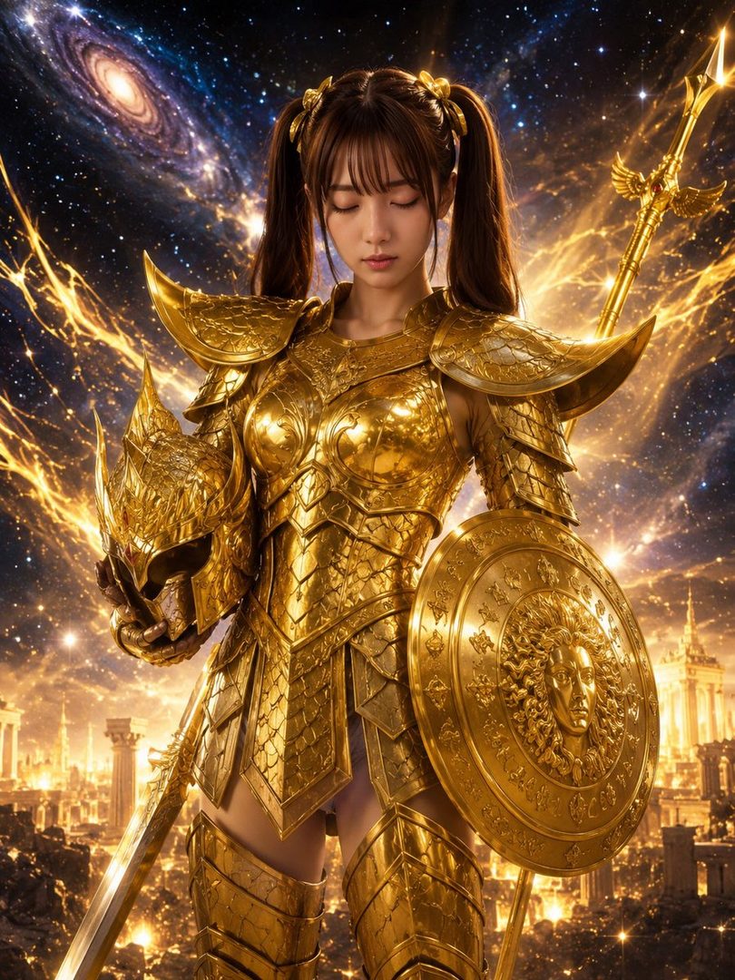 A photorealistic image of a woman in golden armor holding a helmet and shield, set against a cosmic background with a glowing city below.