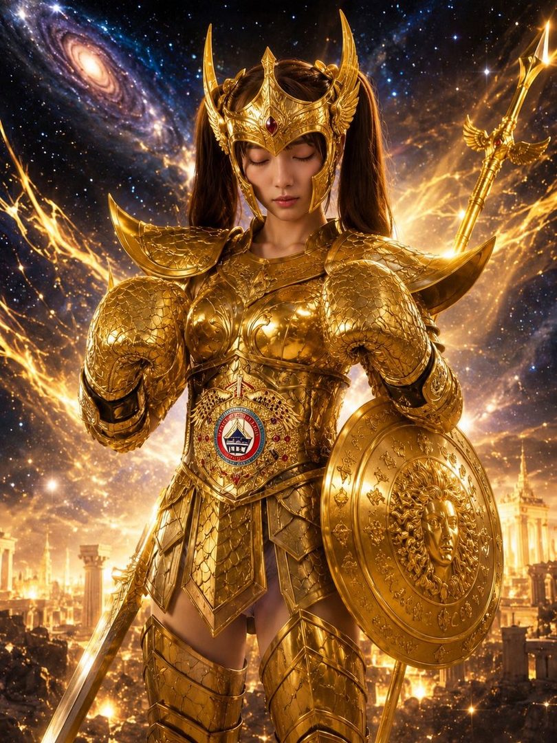 A woman in golden armor with a helmet and shield stands against a cosmic background with a city below.