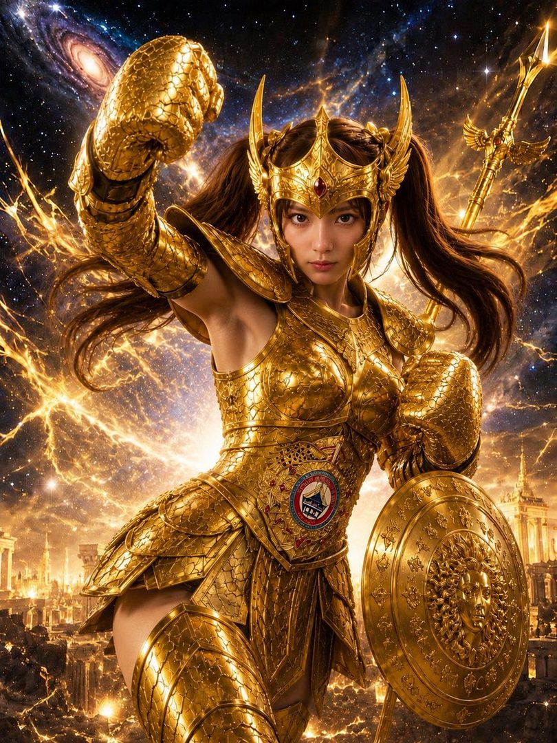 A woman in golden armor with a shield and spear stands against a cosmic background with a city below.