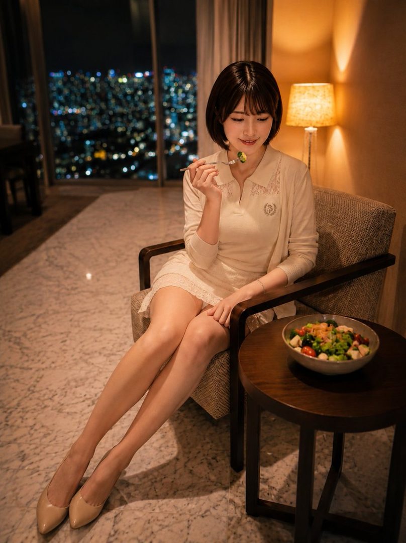 A woman with short brown hair sits in a chair, eating a salad, with a city night view outside a large window.