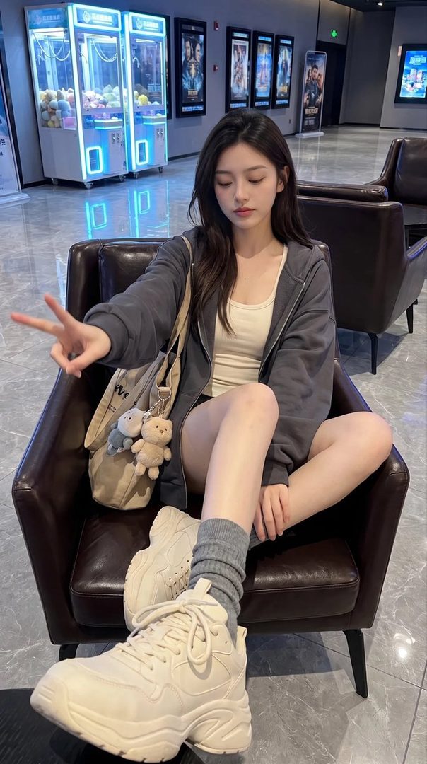 A young woman with long black hair sits in a chair indoors, wearing a gray hoodie, white tank top, and light-colored sneakers, making a peace sign.