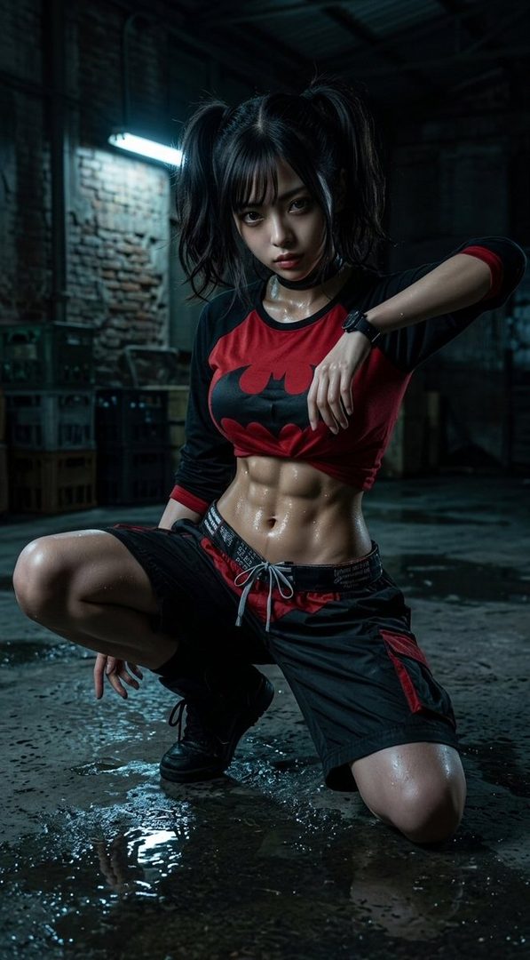 A woman with black pigtails and a Batman crop top crouches in a dark, wet alley, showcasing her toned abs.