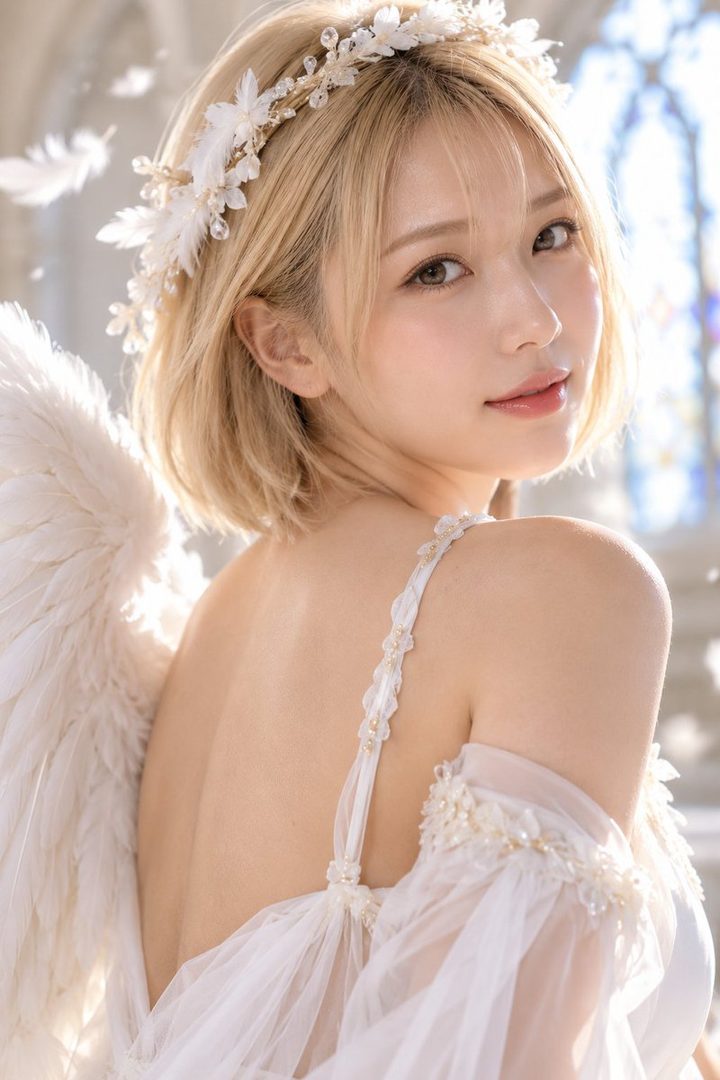 A beautiful woman with blonde hair and a white dress with angel wings and a floral headpiece looks over her shoulder.