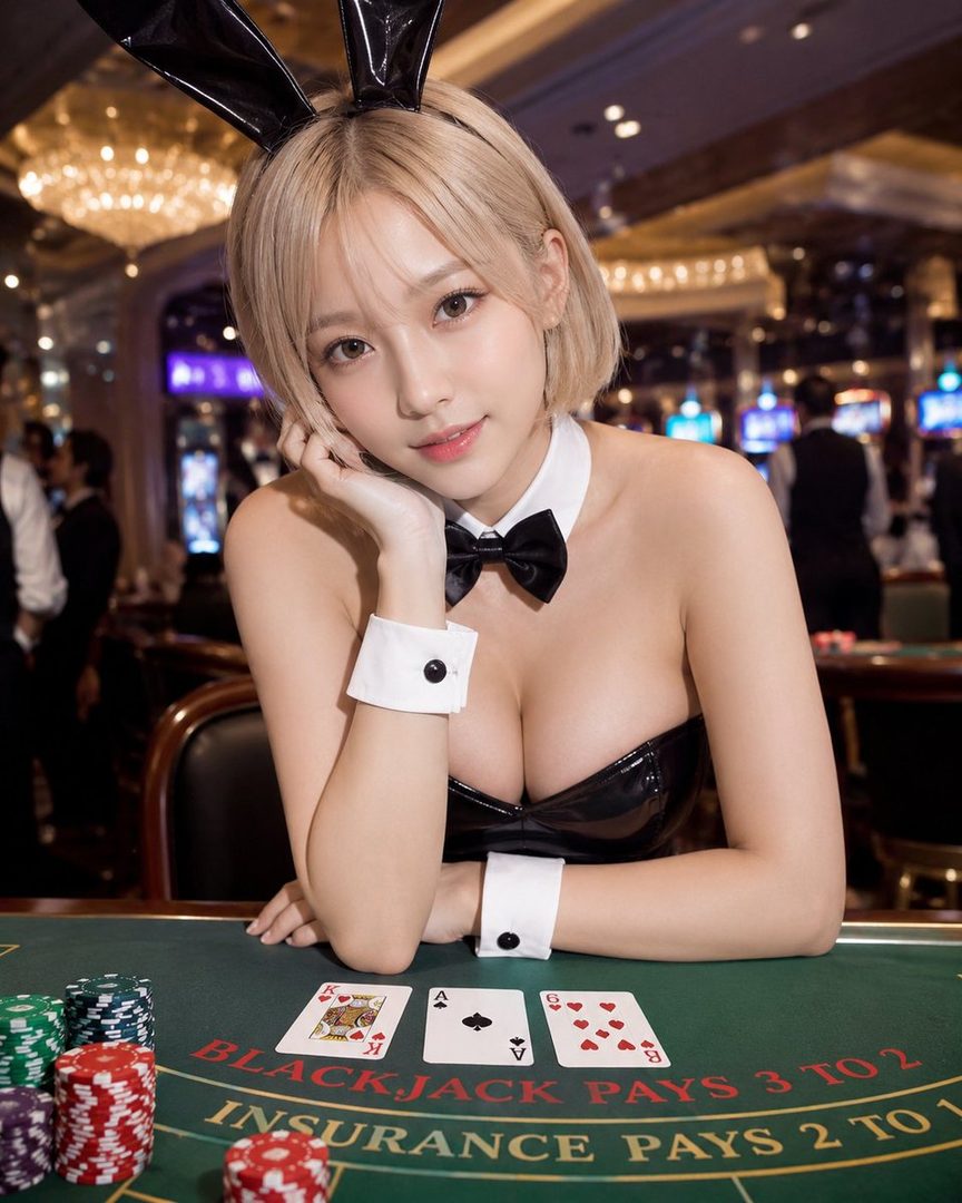 A blonde woman in a bunny costume poses at a blackjack table in a casino.