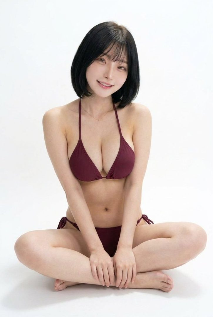 A young woman with short black hair and bangs, wearing a maroon bikini, sits cross-legged and smiles at the camera in a studio setting.