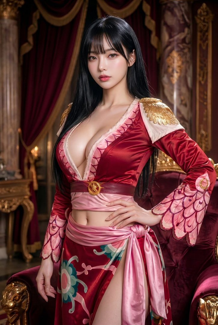A photorealistic AI-generated image of a woman with long black hair and bangs, wearing a red and pink outfit with a deep V-neck, posing indoors.