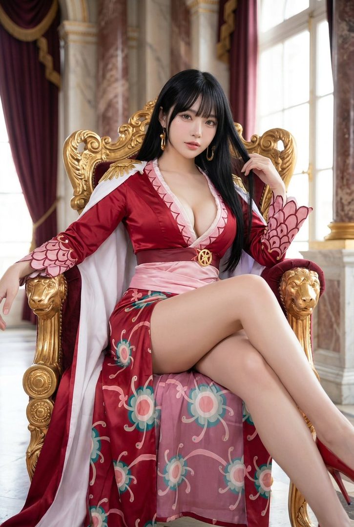A photorealistic AI-generated image of a woman cosplaying as Boa Hancock from One Piece, sitting on a golden throne in a red and pink kimono-style dress.