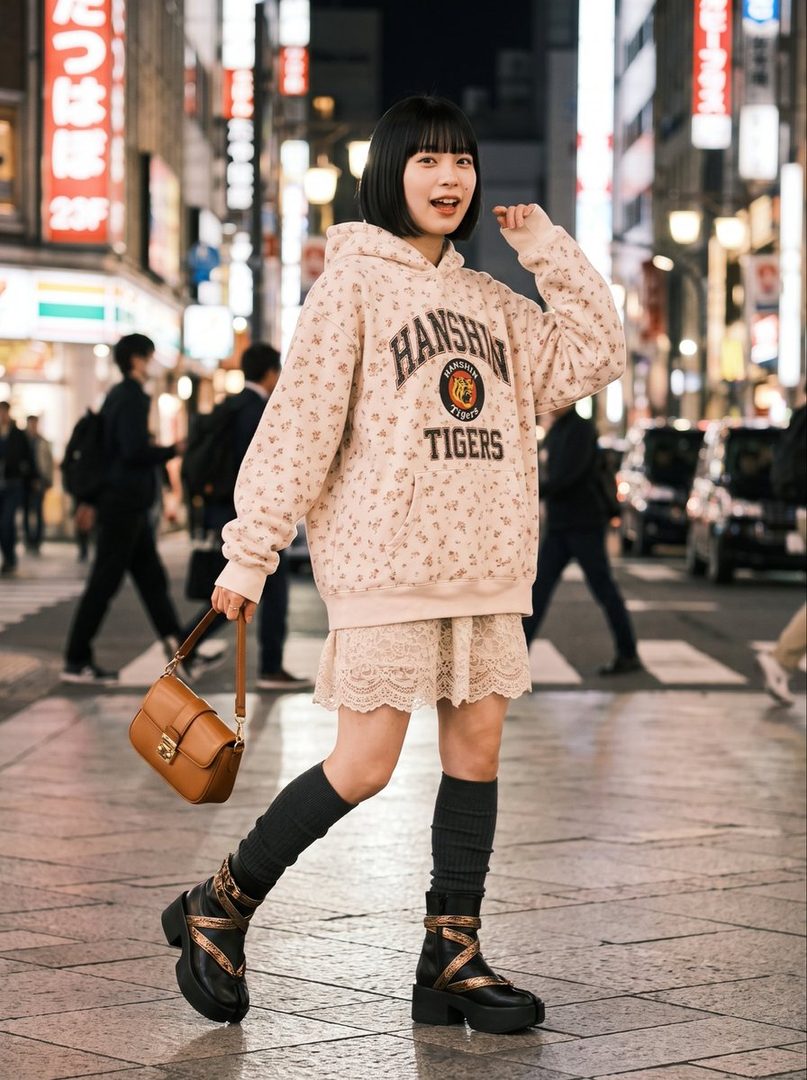A young woman with short black hair and bangs, wearing a floral Hanshin Tigers hoodie and a lace skirt, walks on a city street at night.