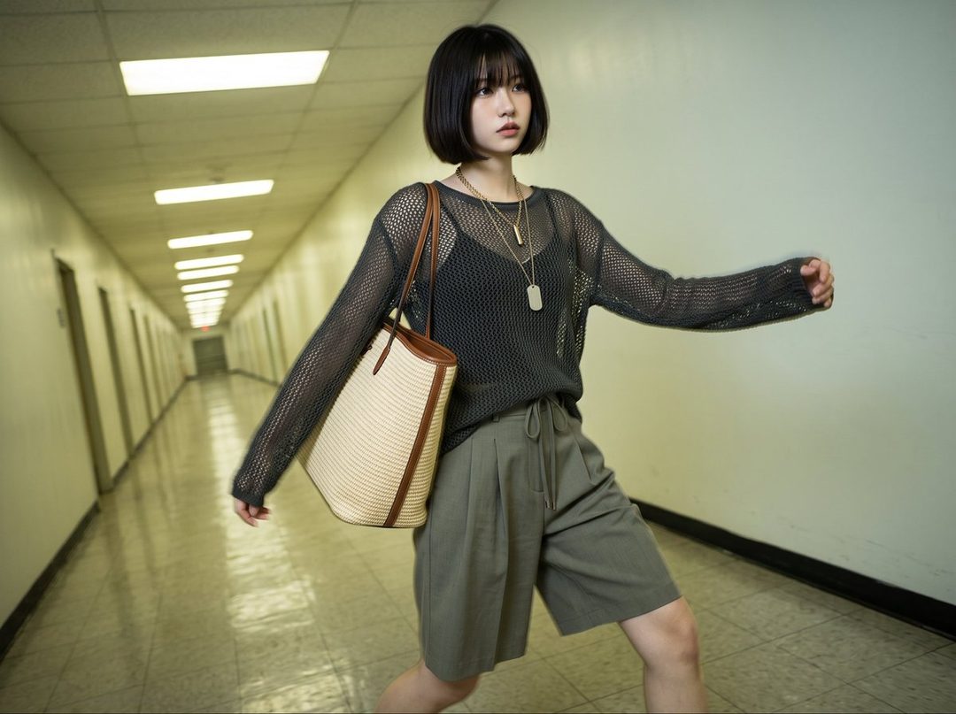 A young woman with short black hair and bangs, wearing a mesh top and shorts, walks down a long indoor hallway.