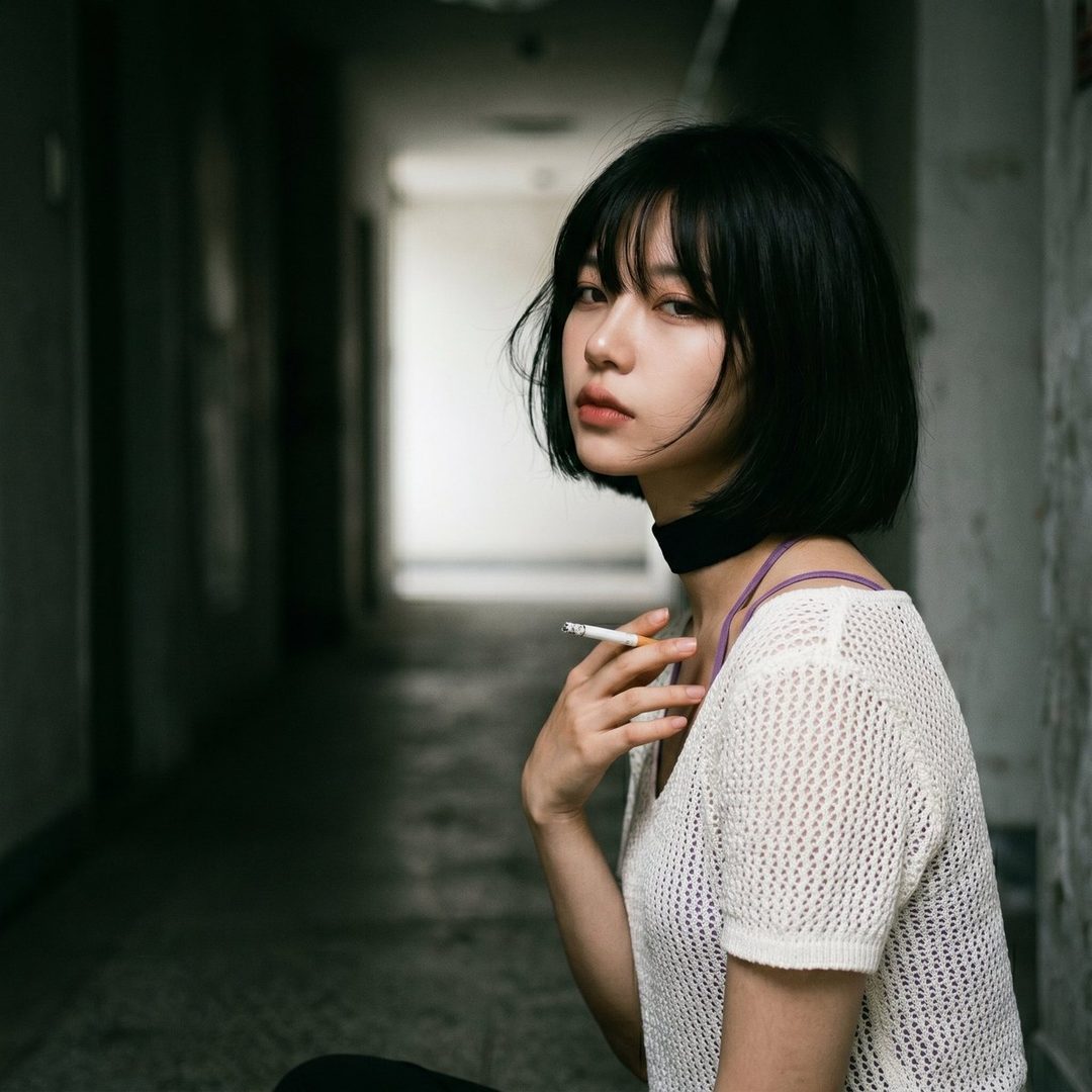 A young woman with short black hair and bangs, wearing a white knit top and a black choker, holds a cigarette while looking directly at the viewer in a dimly lit indoor hallway.