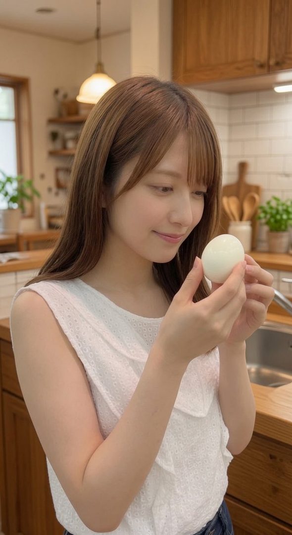 A young woman with long brown hair and bangs, wearing a white sleeveless top, holds a peeled hard-boiled egg in a bright kitchen.