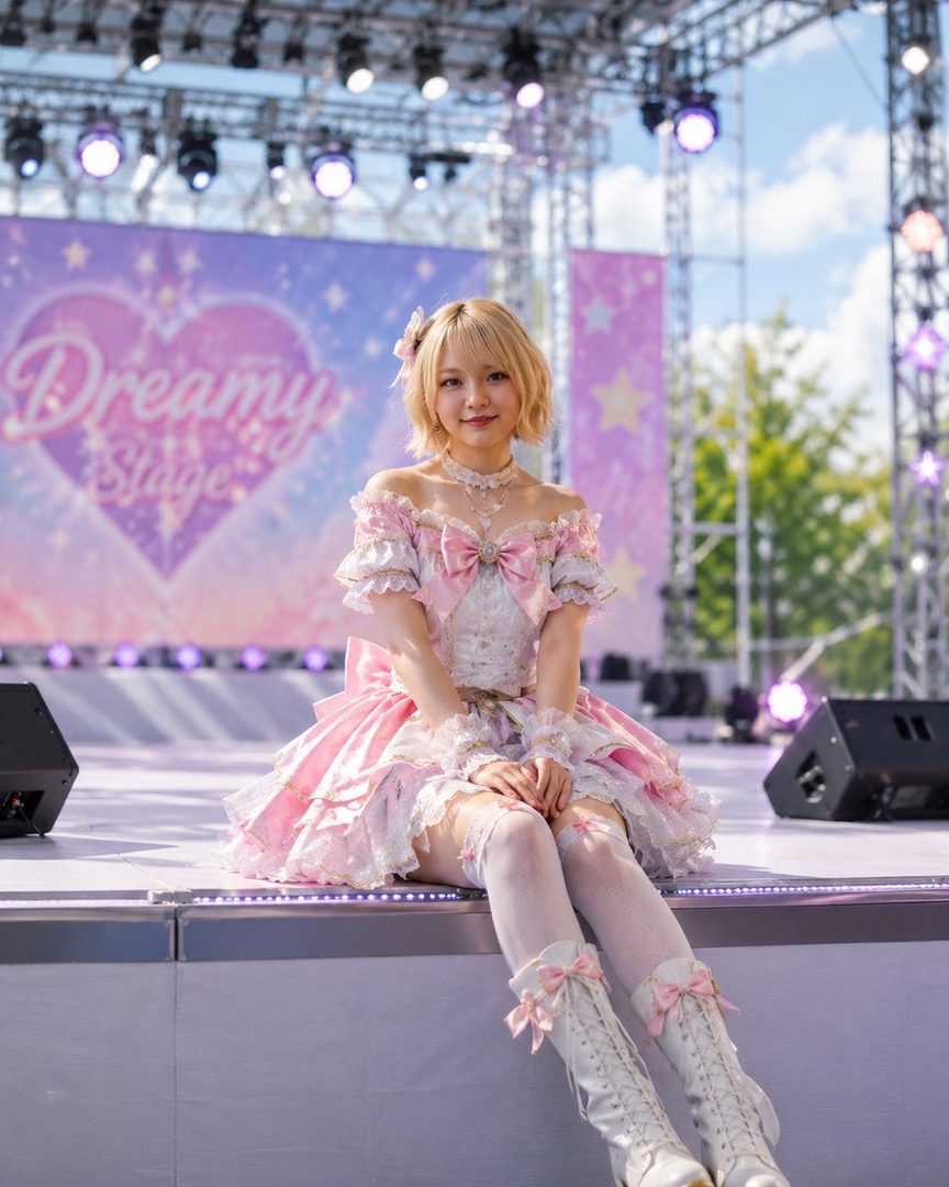 A young woman with blonde hair wearing a pink and white frilly dress and white boots sits on a stage with a 'Dreamy Stage' backdrop.