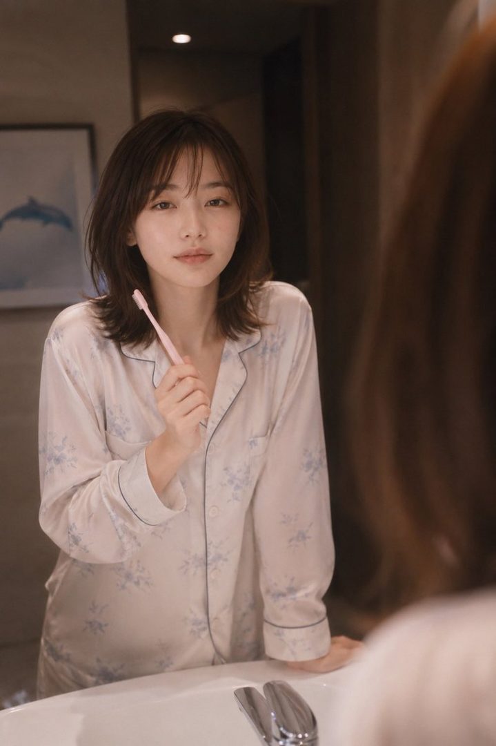 A young woman in pajamas holds a toothbrush while looking into a mirror in a bathroom.