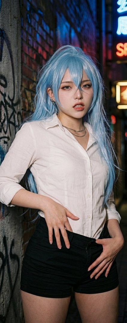 A person with long light blue hair and a white shirt poses in an urban alleyway with neon lights and graffiti.