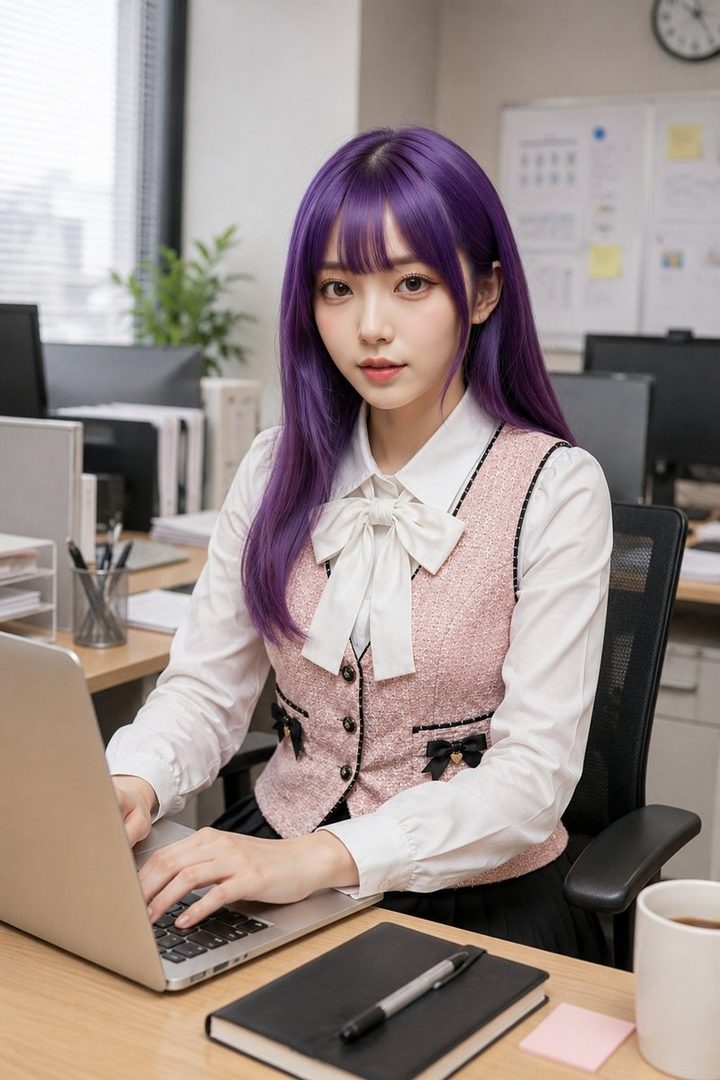 A young woman with long purple hair and bangs, wearing a white blouse and a pink vest, works on a laptop in an office setting.